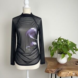 RW&CO Mesh Sheer Top Long Sleeve Ruched Floral Print Mock Neck M Festival Grunge